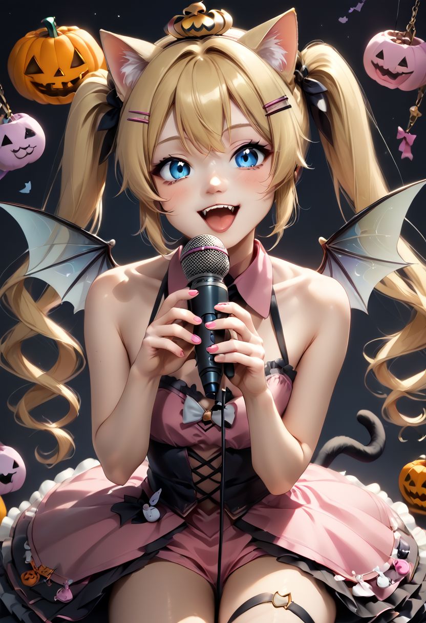 anime art. catgirl with blonde hair, ponytails,  blue eyes, hairclip, small boobs, cute pink dress idol, cat tail, halloween, wings, microphone