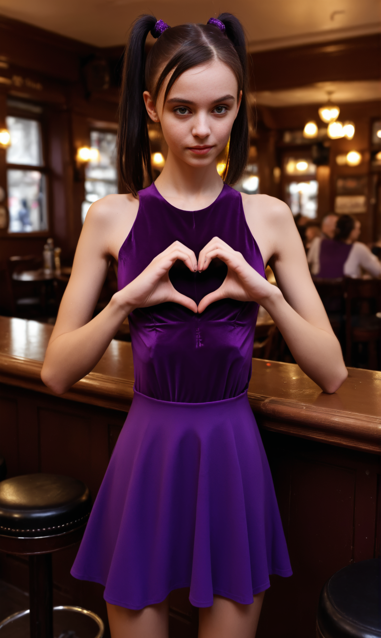 slim girl in a pub  ,  fiheartcl,  making heart with hands, purple short dress  , a dark ponytail   <lora:FingerHeart:.8>
