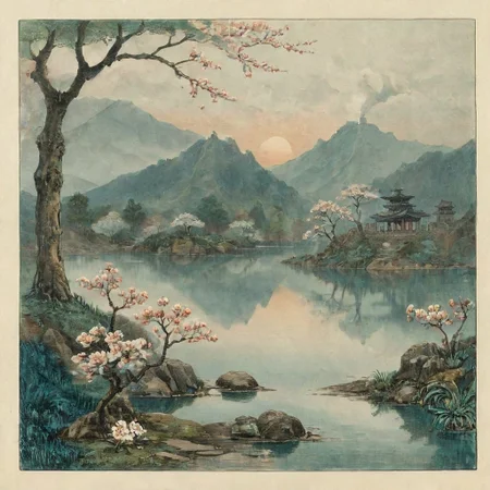 Victorian watercolor painting, Imagine a mesmerizing landscape at dawn in Japan, with tiered, mist-covered mountain ranges stretching into the distance, each layer appearing more ethereal and bluish in hue. The sky is softly transitioning from deep purples to muted blues and greys as the sun begins to rise. A serene lake lies at the base of the mountains, reflecting the misty peaks and the surrounding muted, green forest. Delicate cherry blossom trees are faintly visible, their pale petals blending into the misty backdrop. Ancient Japanese temples or shrines are subtly integrated into the landscape, shrouded by the mist. The entire scene exudes a tranquil, almost otherworldly beauty, dominated by shades of blue and grey, evoking a strong sense of peace and connection with nature, sharp, very detailed: 1.5 eroticism. rough sketch, sideview, 2d, moody, gloomy, dark picture, high contrast, stylized.