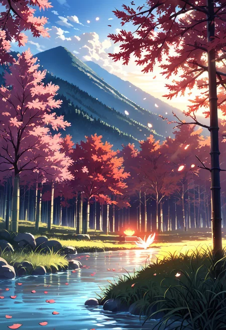 score_9, score_7_up,
Art Style: Manga/Anime
Environment: Rolling hills, rivers, cherry blossoms, mountains, cottages, bamboo groves.
Lighting & Atmosphere: Sunrise lighting, glowing fireflies, serene and magical ambiance.
Details: Bold colors, clean linework, attention to natural textures (grass, water, petals).