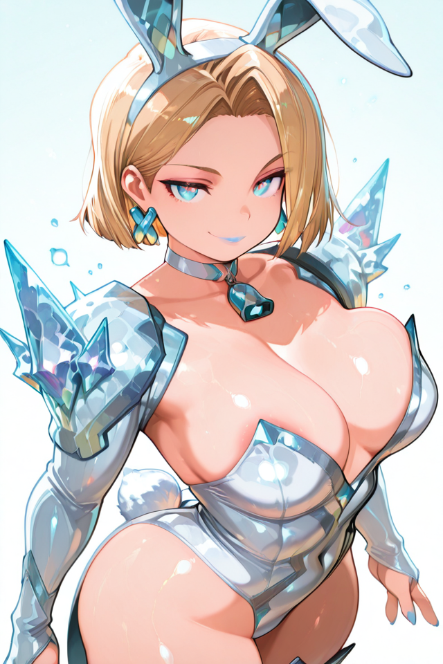 PonyScores, Expressiveh, (score_9, score_8_up, score_8, ASCII score_9), Rating 9, Rating 8, Rating 7, source_anime, masterpiece, best quality, amazing quality, (Emma Frost), Emma Frost_(Marvel Rivals), 1girl, medium breasts, short hair, Blonde hair, (blue eyes:1.4), lipstick, lips, breasts, jewelry, earrings, blue lips, makeup, choker, white leotard, shoulder armor, crystal, long sleeves, cleavage, coattails, (looking at viewer), blue nails, nail polish, standing, boots, collarbone, standing, shiny skin, shiny body, Casual, covered stomach, (beautiful atmosphere), (sharped face, beauty makeup), (beautiful skin, beautiful face), (perfect anatomy), (beautiful detailed face, beautiful oval face), (sharp out line), perfect hands, seductive smile, (perfect female body), (beautiful eyes and face), (upper body), (cowboy shot1), Ice powers, Big thighs, ice glow, ice magic, ice energy, energy orbs, light particles, orbs, Blue energy, big eyes, (extremely detailed eyes), (iper detailde eyes), (ultra detail eyes), (beautiful eyes), detailed backgrounds, (detailed eyes), (perfect eyes), extremely detailed CG, extremely detailed face, detailed Lora, focused subject, black pupils, (ass), (perfect ass), (beautiful ass), <lora:EmmaFrostillusApexAi:1>, newest, curvy, areola slip, cow print bikini, micro bikini, cow print bikini, neck bell, cow print gloves, skindentation, gradient background, navel, rabbit ears, rabbit girl, white hair, red eyes, long hair, long eyelashes, parted bangs, surprised expression, eyes wide open, she looks at her breasts,