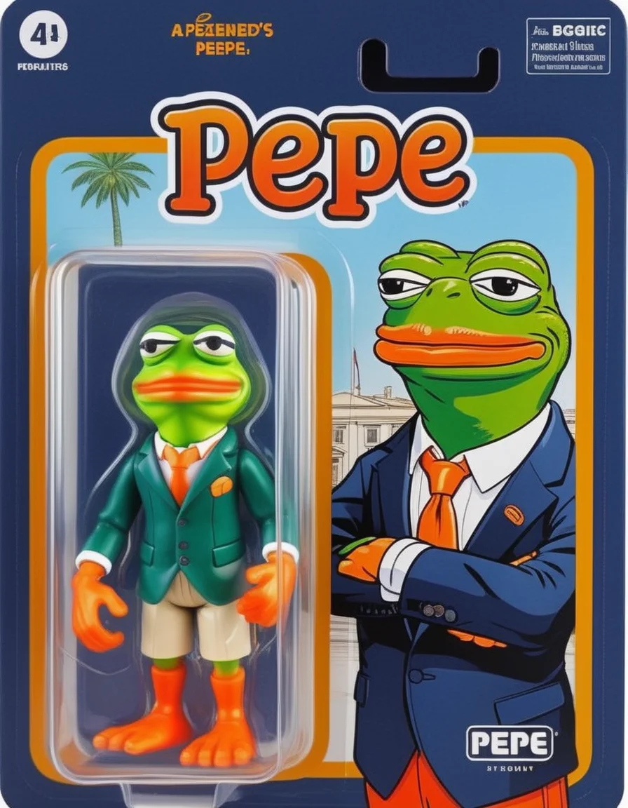 A meticulously detailed, photo-realistic image of a pepe action figure, packaged in a vibrant box. The packaging prominently features a cartoon illustration of pepe on one side, characterized by exaggerated features and a signature expression. Beside the cartoon, a clear window panel reveals the action figure, a precise replica, with distinct detailing and accurate coloring. The figure's attire mirrors pepe iconic suit and tie ensemble, complete with miniature accessories. The background of the box displays elements symbolic of pepe presidency, subtly enhancing the collectible's thematic appeal <lora:gonza:0.65>, <lora:pepe_sdxl_V10:0.75> ,