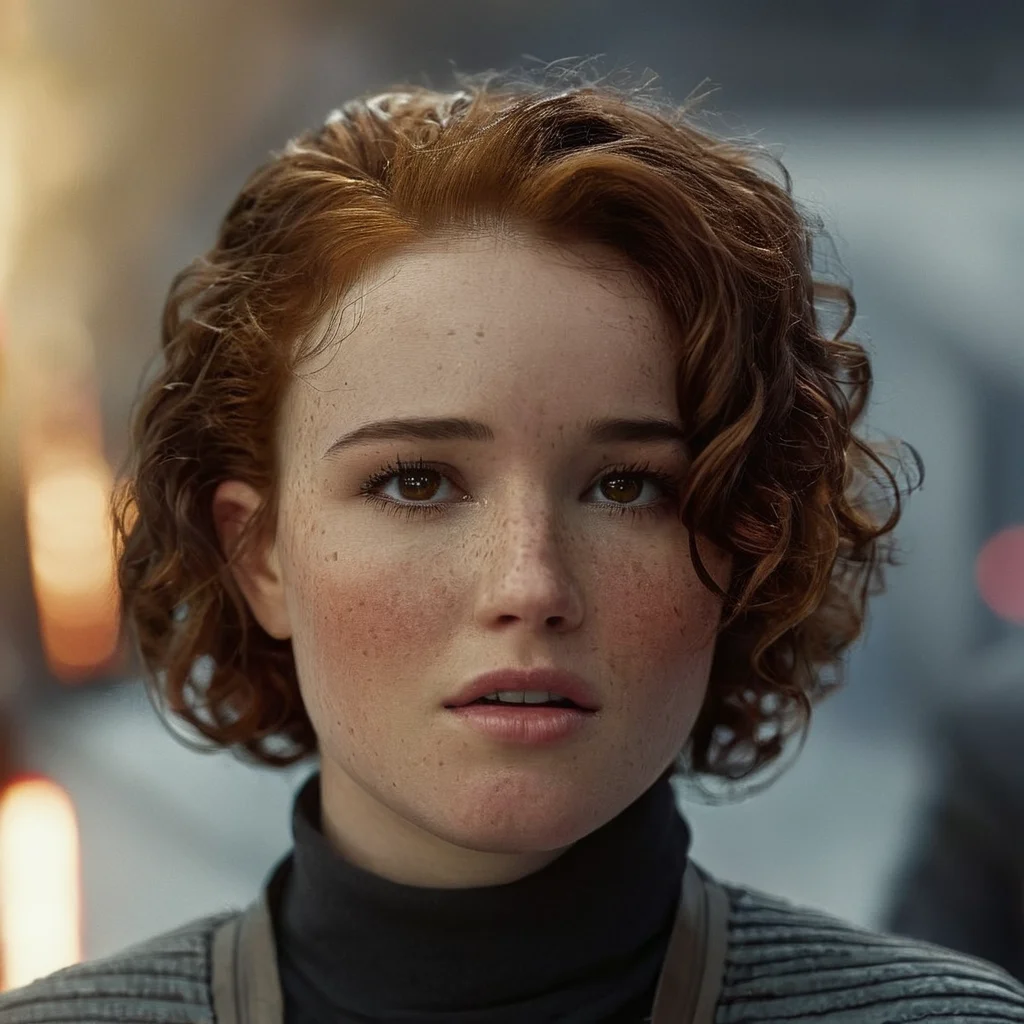 cinematic film still of <lora:star wars style v2:0.8>
<lora:detailed:0.4> detailed
<lora:perfection style:0.4> perfect
<lora:PerfectEyesXL:0.5>
<lora:Chiaroscuro Lighting Style:0.3>
In Star Wars Fictional universe Enfys Nest a woman with freckles and a black sweater,1girl,solo,brown hair,parted lips,teeth,mole,blurry,black eyes,lips,blurry background,portrait,mole under mouth,freckles,curly hair,realistic , cinematic, film, detailed background, motion picture style, different style, different people, space opera, realistic, sci fi style, cinematic light, dramatic light, perfect color, perfect scene, star wars style, shallow depth of field, vignette, highly detailed, high budget, bokeh, cinemascope, moody, epic, gorgeous, film grain, grainy