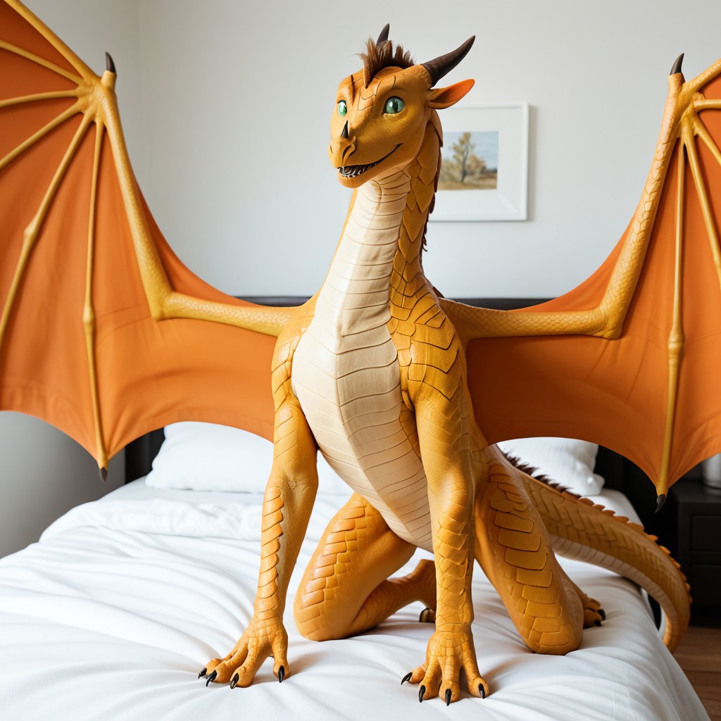 score_9, score_8_up, score_7_up, score_6_up, score_5_up, score_4_up, masterpiece, high quality, realistic, detailed, best quality, white bed, solo, rating_safe, source_furry, bedroom, smiling, happy, ((looking at viewer:1.2)), (standing), feral, Sandwing, yellow scales, dragon, scales, horns, claws, wings, tail, Sunny_wof, sandwing_wof, dragon, brown horns, claws, tail, golden scales, pale yellow underbelly, brown back mane, small nose spike, orange wings, green sclera, black slit pupils, 1girl, female, spread wings, close up