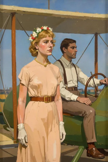 euanuglow1 painting.
A romantic scene of a couple on a vintage biplane. The woman, in the foreground, is a stylish woman with curly blonde hair adorned with a flower garland and wearing a light, flowing, peach-colored dress with a wide belt, a matching hat, and gloves. The man is piloting the biplane with his hands firmly on the steering wheel. <lora:euanuglow1_cap_d6aee11:1.0><lora:845560768876283013:0>