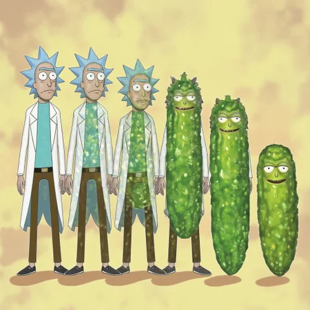 animorph, Rick from Rick and Morty morphing into pickle, step-by-step transformation