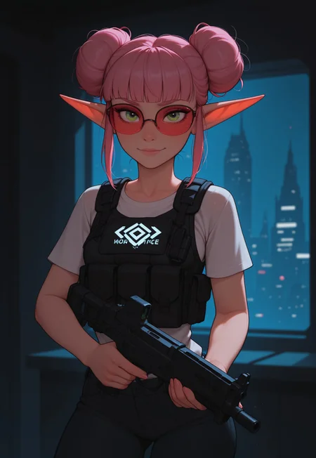masterpiece, best quality, amazing quality, very aesthetic, DISNEY_ANIMATION, incoth, (incase:0.6), female, solo, (depth of field), indoors, nightclub, cyberpunk, night time, cowboy shot,

elf, pink hair, green eyes, cute face, slim, small breasts, double buns, blunt bangs, beautiful, kawaii, (small ears), (short ears),

tactical vest, red glasses, white t-shirt with logo, black jeans, submachine gun,

holding gun, dynamic pose, looking at viewer,