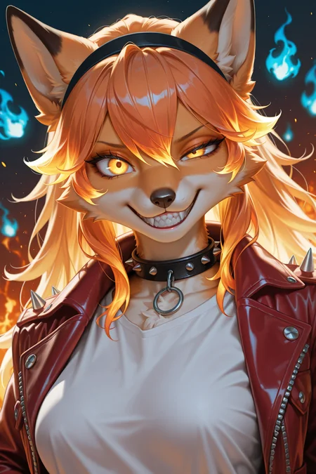 masterpiece, best quality, amazing quality, very aesthetic, high resolution, ultra-detailed, absurdres, newest, scenery, 1girl, furry, anthro, dark ambient, glow, anthro furry female orange fox, phoenix fox girl, orange fur, gradient hair, orange flame hair AND (blue flame hair:1.2), hair between eyes, glowing gradient orange yellow eyes, large eyes, uneven eyes, enface portrait, small, medium breasts, looking at viewer, intimidating, smirk, smug, grin, crazy smile, sharp teeth, black headband with fire pattern, black collar with white spikes, leather flaming hot red jacket over white shirt, cinematic lighting, fluffy, portrait, face focus, dutch angle, (detailed multicolor fire forest background, fiery background:1.2), (blue fire:1.2) AND red fire, BREAK, detailed eyes, photorealistic details, depth of field, detailed fluffy fur, volumetric lighting