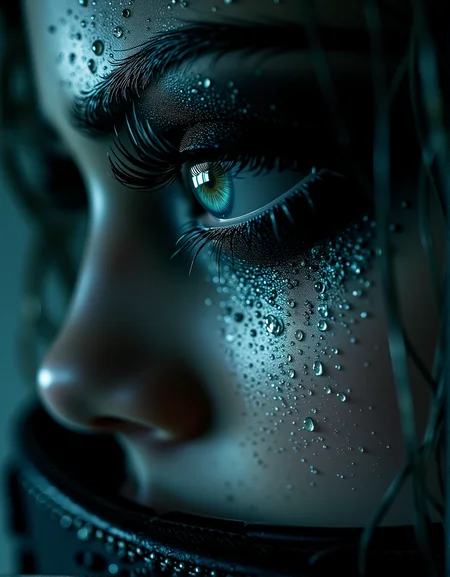 . A cinematic close-up of a womanâs eye with striking makeup, the lighting is dramatic and high-contrast, revealing glistening details of water droplets., <lora:bv-close-up-enhancer.safetensors:1.0:1.0>