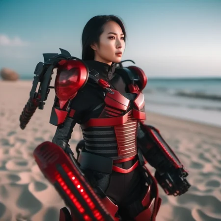 cinematic photo a full body asian woman wears a red and black futuristic light armor, beach background <lora:Exosuit1024:0.9> . 35mm photograph, film, bokeh, professional, 4k, highly detailed