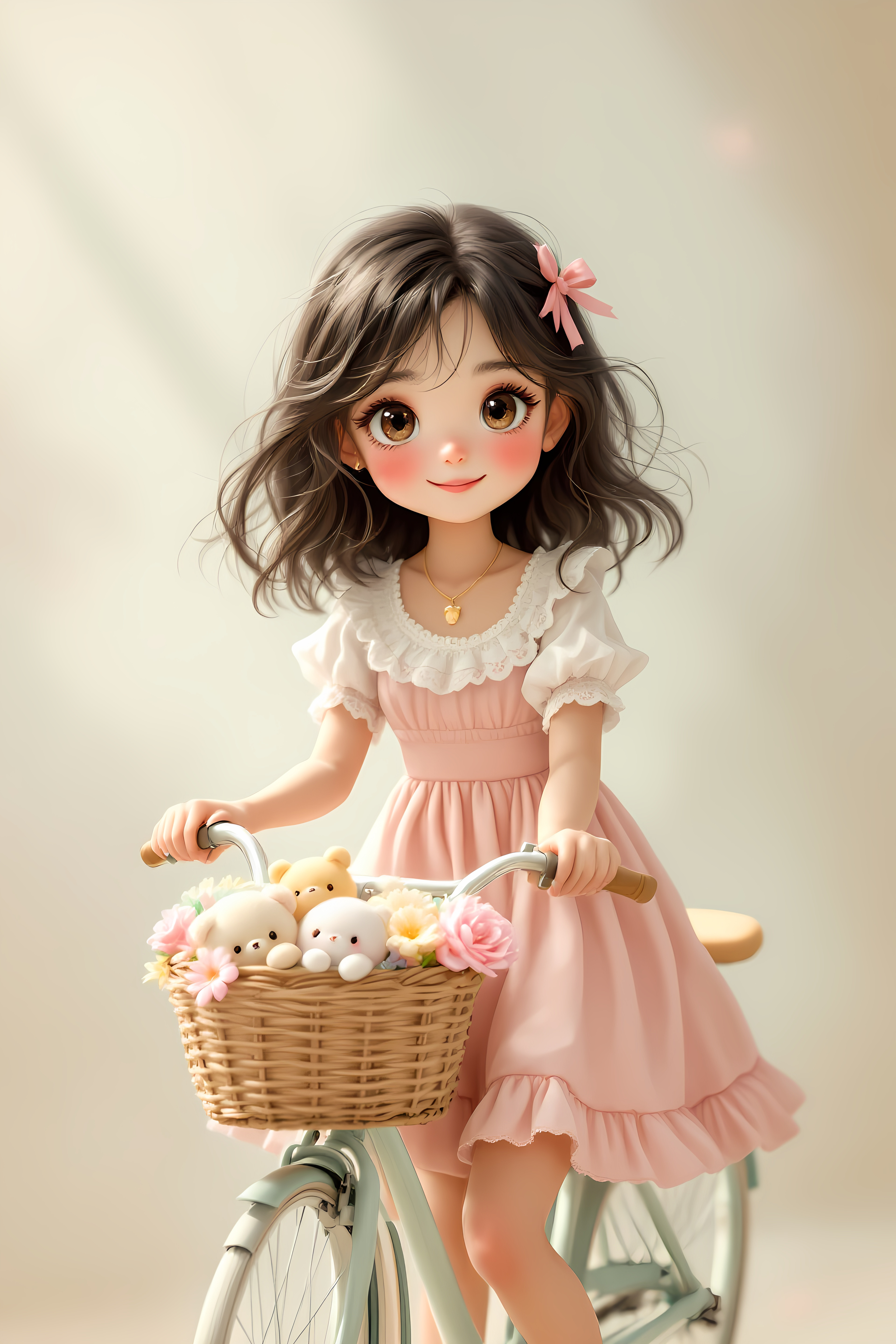 A beautifully stylized kawaii girl sitting on a pastel-colored vintage bicycle. The girl wears a frilly pink dress with a white lace trim, and her wavy, shoulder-length hair is adorned with a small ribbon bow. She has big, sparkling eyes full of wonder, a soft smile, and a gentle, dreamy expression. The bicycle features a small woven basket filled with plush toys and pastel-colored flowers. The background is a soft, neutral gradient with a nostalgic, storybook-like atmosphere, evoking warmth and innocence. The lighting is soft and diffused, enhancing the dreamy and comforting feel of the scene. Inspired by Jerry Pinkney’s delicate and warm illustration style, with a focus on gentle brushstrokes and muted vintage hues. The composition is balanced, with the girl and the bicycle slightly off-center, allowing for a natural and harmonious flow within the image.