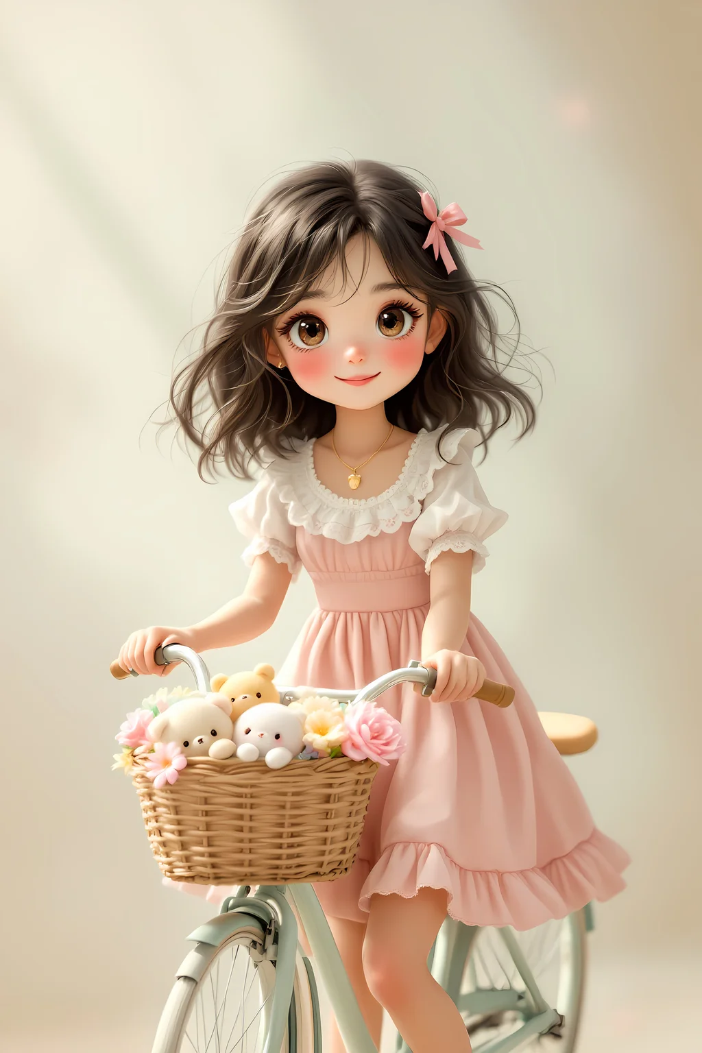 A beautifully stylized kawaii girl sitting on a pastel-colored vintage bicycle. The girl wears a frilly pink dress with a white lace trim, and her wavy, shoulder-length hair is adorned with a small ribbon bow. She has big, sparkling eyes full of wonder, a soft smile, and a gentle, dreamy expression. The bicycle features a small woven basket filled with plush toys and pastel-colored flowers. The background is a soft, neutral gradient with a nostalgic, storybook-like atmosphere, evoking warmth and innocence. The lighting is soft and diffused, enhancing the dreamy and comforting feel of the scene. Inspired by Jerry Pinkney’s delicate and warm illustration style, with a focus on gentle brushstrokes and muted vintage hues. The composition is balanced, with the girl and the bicycle slightly off-center, allowing for a natural and harmonious flow within the image.