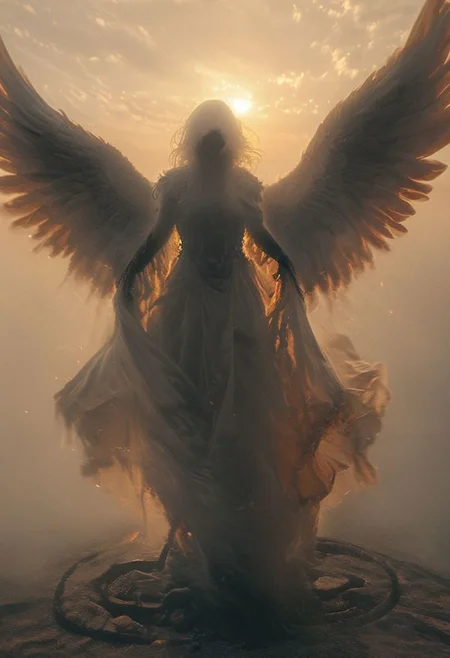 Dark luminous translucent Wings, Above the Clouds Loosing feathers, floating feathers, subsurface scattering, Capture the dystopian spectacle of female Icarus ascending too close to the sun, seen from below. Witness her wings, illuminated by the piercing sunlight, shedding feathers as they struggle against the inevitable descent.
subsurface scattering, Angel Icarus LiS_Robot By tim burton with Large vanta black spreaded Wings, large hooded Cape, liminal space cloud, Neon translucent Soundwaves visible on the face, very detailed golden holy glow Spell rings,
atmospheric haze, Film grain, cinematic film still, shallow depth of field, highly detailed, high budget, cinemascope, moody, epic, OverallDetail, 2000s vintage RAW photo, photorealistic, candid camera, color graded cinematic, atmospheric lighting, imperfections, natural, shallow dof