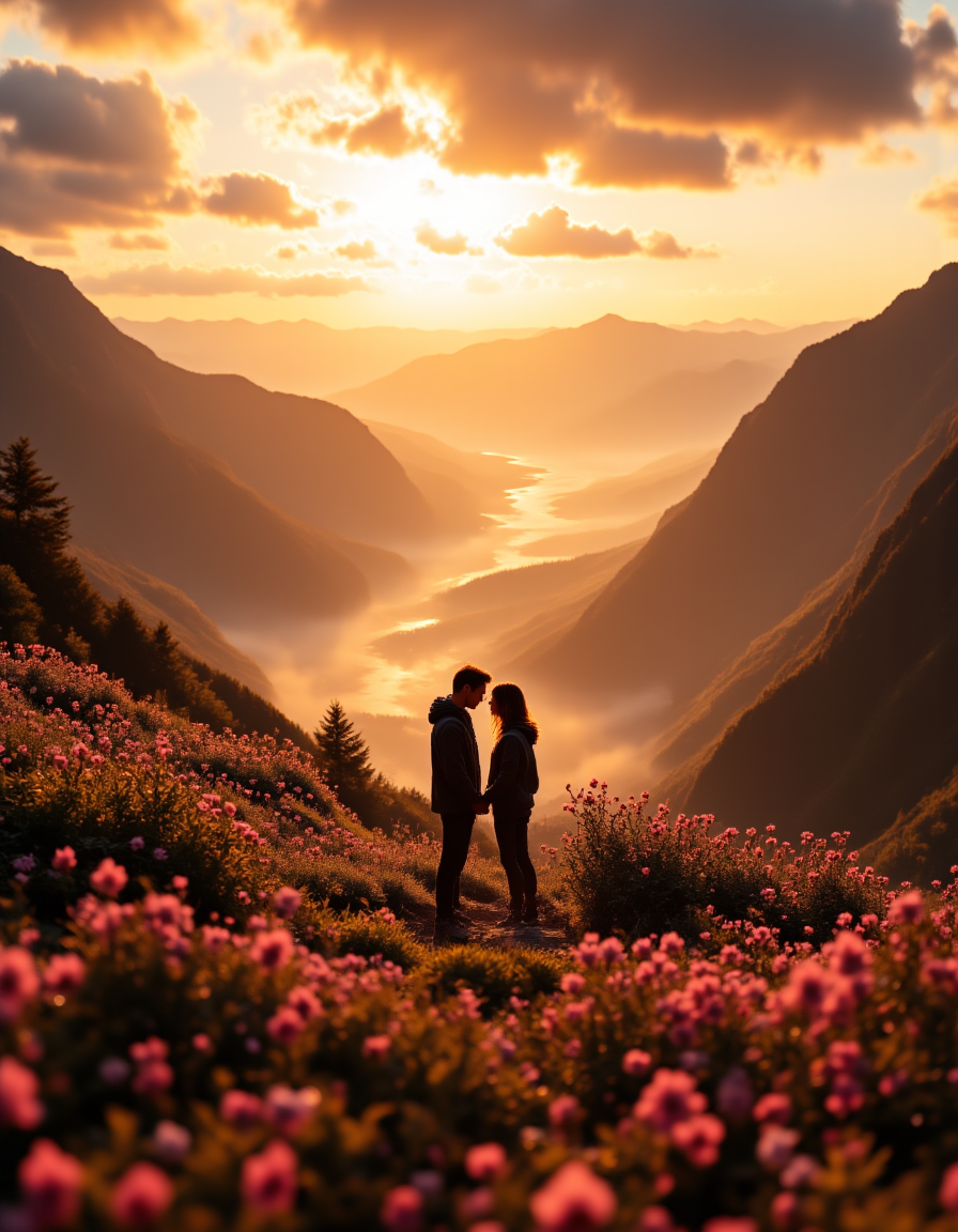 Cinematic romantic landscape in ultra-high resolution, capturing an intimate love story within nature's most breathtaking embrace. A sweeping vista reveals two silhouetted lovers positioned on a cliff overlooking a golden sunset-drenched valley, their bodies touching subtly, suggesting deep emotional connection. The landscape radiates with warm amber and soft rose gold tones, creating a dreamlike atmosphere where natural elements become metaphors for romantic intimacy. Foreground features delicate wildflowers in soft focus - lavender, wild roses, and mountain bluebells - creating a natural frame for the lovers' silhouettes. Distant mountain ranges fade into soft atmospheric hues, their peaks touching clouds in gentle, romantic gradients. Lighting plays a crucial role, with golden hour sunlight casting long, tender shadows and creating a luminous glow around the couple. Soft wind suggests movement, making grass and distant tree branches dance with subtle, romantic energy. A small river winds through the valley, its reflective surface mirroring the sky's passionate colors. The couple's positioning suggests a moment of profound connection - not overtly passionate, but deeply intimate. Their body language communicates years of shared understanding, with gentle touches and synchronized postures that speak of profound emotional resonance. aidmafluxpro1.1, aidmaimageupgrader, aidmamj6.1