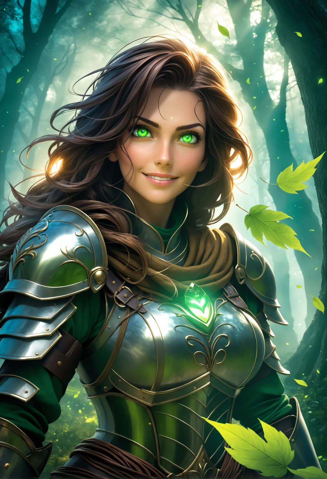 photorealistic heroine in a dark enchanted forest, intense gaze, dynamic lighting, wind blowing leaves, high-detail armor, green light,A thick fog rolling in, partially obscuring the trees
Eyes looking up with a soft smile, hopeful expression