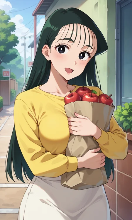 (1girl:1.5), (solo:1.3), (score_9, score_8_up, score_7_up, score_6_up, score_5_up, score_4_up), (source_anime), rating_questionable, looking at viewer, (upper body:1.3), outdoors, smile, open mouth,
<lora:ohara-nanako_v2:0.8> (ohara-nanako), (black eyes, eyebrows, green hair, long hair, hair slicked back, wispy bangs, receding hairline), (large breasts, wide hips, thick thighs),
(yellow shirt, long sleeves, white skirt, miniskirt, hug paper grocery bag, apple)