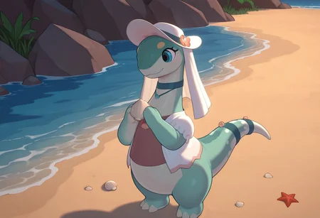 1girl, highres, absurdres, newest, masterpiece, best quality, furry, small tail, claws, benji, female, marnie, female, Apatosaurus, green skin, blue eyes, 4 fingers, 3 toes, brown t-shirt, white blouse, lady's hat, masterpiece, beach, shells, anthro
holds a shell in his hands