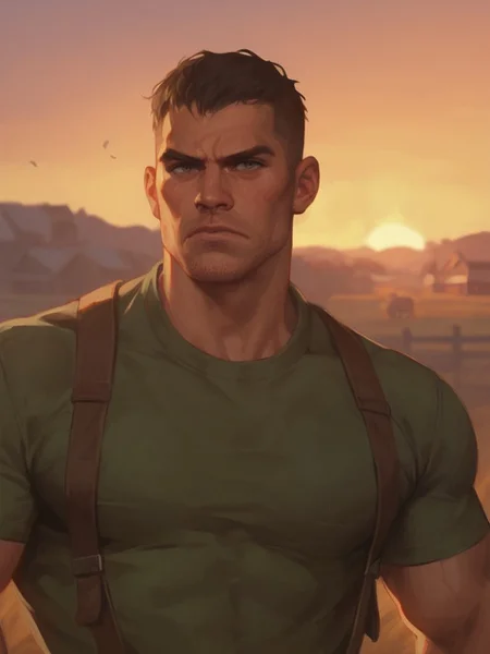 Bara, wide face, masculine, score_9_up, score_8_up, score_7_up, score_6_up, serious mature cowboy on farm, sunset, buzz-cut hair, stubble, black hair, green shirt, suspenders, rugged face, broad jaw, bulky, strong, hulking, cowboy shot, rural background, golden hour, best_quality, masterpiece, 1man, solo, male focus, gritty, expressive, depthof field, dof, blurred background , gears of war


