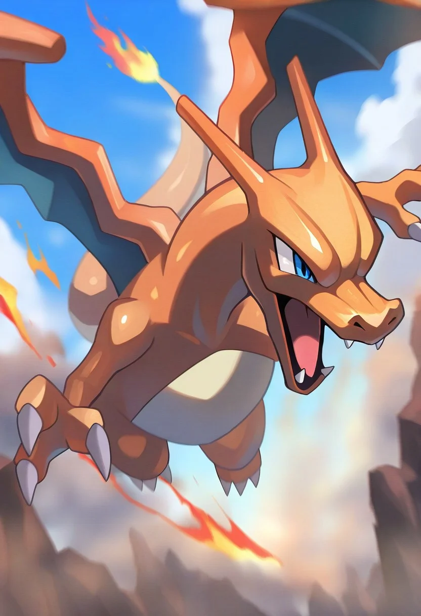 masterpiece, best quality, very aesthetic, high resolution, ultra-detailed, absurdres, newest, extremely detailed eyes, pokemaster_st, charizard_pokemon, no humans, charizard, pokemon (creature), flame-tipped tail, open mouth, tongue, claws, fire, blue eyes, cloud, day, flying, fangs, outdoors, blue sky