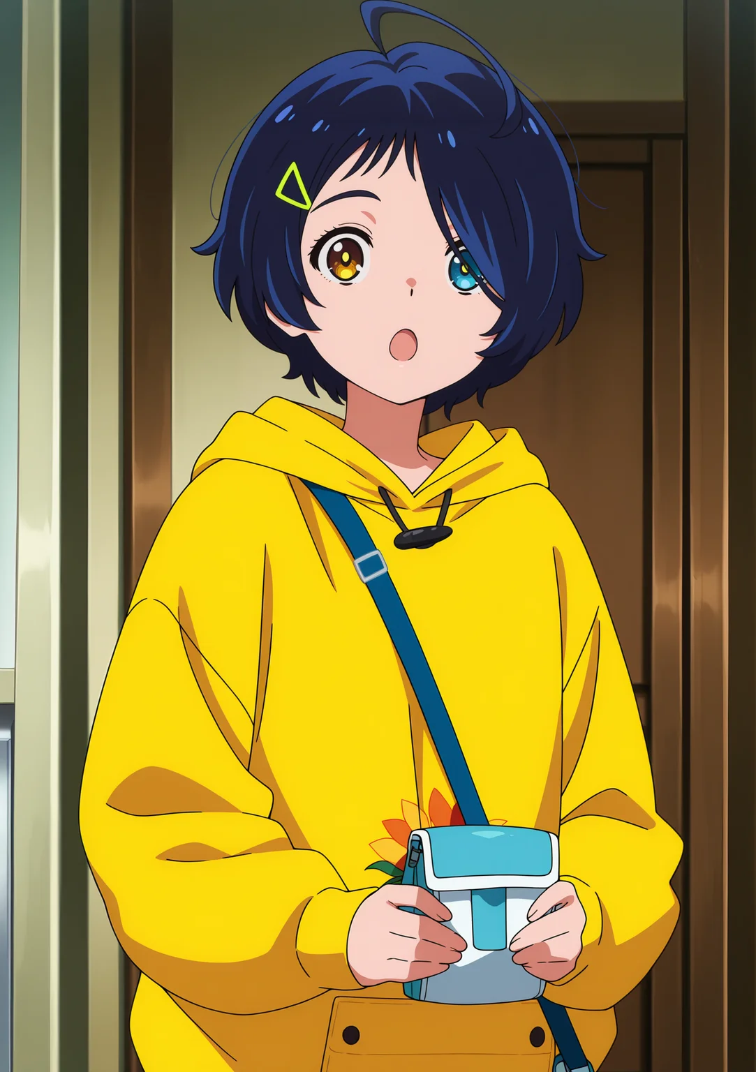 detailed background, official style,anime coloring, (anime screencap) masterpiece, detailed face,1girl <lora:Ai_Ohto:0.8>Ai, solo, heterochromia, hood, yellow hoodie, short hair, hair ornament, blue hair, blue eyes, open mouth, hoodie, holding, hairclip, hood down, long sleeves, bag, :o, upper body, yellow eyes, looking at viewer, brown eyes, indoors, ahoge, hair over one eye