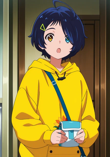 detailed background, official style,anime coloring, (anime screencap) masterpiece, detailed face,1girl <lora:Ai_Ohto:0.8>Ai, solo, heterochromia, hood, yellow hoodie, short hair, hair ornament, blue hair, blue eyes, open mouth, hoodie, holding, hairclip, hood down, long sleeves, bag, :o, upper body, yellow eyes, looking at viewer, brown eyes, indoors, ahoge, hair over one eye