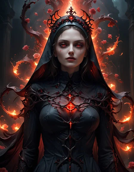 (photorealistic:1.2, Fujifilm XT3) photo of 20 year old beautiful (Nun), corrupted, seduced by the devil, wearing ((demonic) bio nun robes), glowing red eyes, by Henry asencio, by Josephine Wall, <lora:Choker-FFashion-Part1-32.LORA:0.7>, glowing intricate metal choker with runes, <lora:add-detail-xl:2.5>, <lora:DonMD3m0nV31nsXL_v1.1:0.8> ,<lora:PE_NeonSignStyle:0.2>, medium perfect breasts, <lora:betmd2:0.4> betmd, orchids, Clovers, roses, flowers, colorful, dynamic pose, levanders <lora:xl_more_art-full_v1:0.4> <lora:takma2:0.3> , (masterpiece:1.2), (epic composition:1.4), (talent:1.2), ultra detailed, cinematic lighting, highly detailed, insanely detailed, (photorealistic:1.2), hdr, 8k, exquisite, sharp, elegant, ambient lighting, high quality