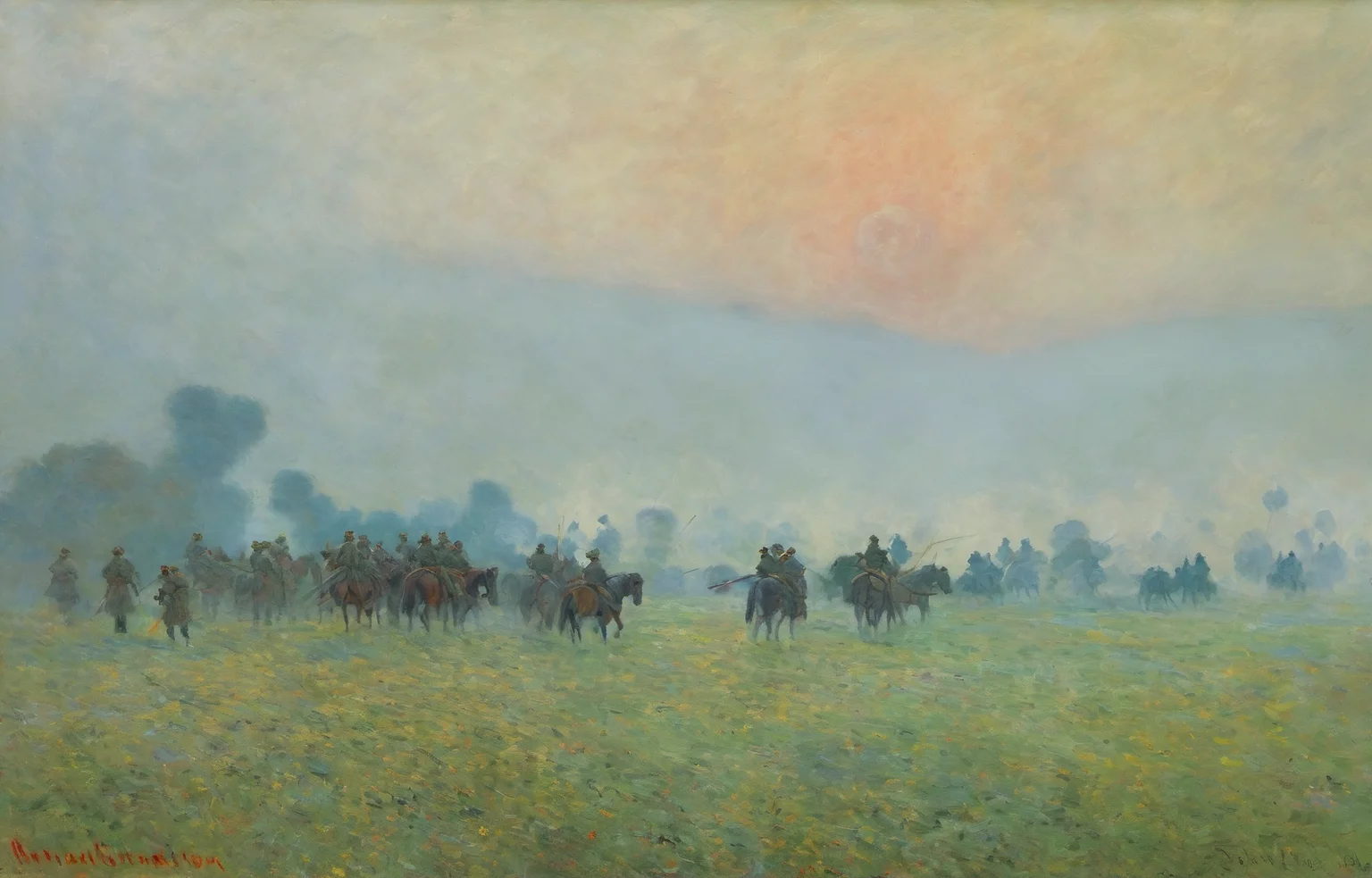 Monet, oil painting, scenery,
A realistic oil painting depicting an ancient Chinese battlefield scene, with detailed drawings of soldiers in historically accurate armor, engaging in combat amidst a mist-covered field under the early morning light, with a backdrop of distant mountains
<lora:Monet_V4-000008:1.2>