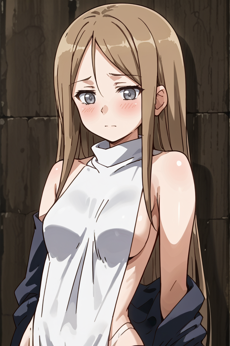source_anine, 1girl, , solo, , blush, long hair, brown hair, , colored skin, , bare shoulders, side boobs, grey eyes