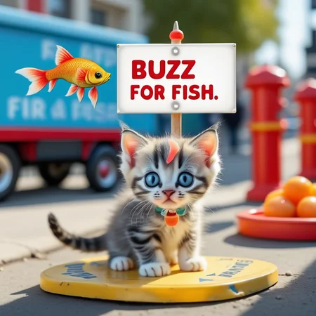 buzz, iconic kitten next to a sign with text "buzz for fish" <lora:buzz-text:.85>