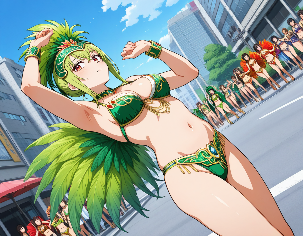 score_7_up, anime BREAK official art, solo, 1girl, one girl, 
dynamic angle, dynamic pose, megami magazine, 
BRERAK, 
<lora:Asakusa_Samba_Carnival_v2:0.8>, Asakusa Samba Carnival, outdoors, day, road, street, city, building, multiple girls, solo focus, dancing, Samba costume, 
breasts, navel, jewelry, feathers, medium breasts, bracelet, green costume, jewelry bikini, headdress, revealing clothes, 6+girls,
(masterpiece:1.3), best quality, high resolution, unity 8k wallpaper, extremely detailed CG, 8K, perfect anatomy, highly finished, masterpiece, best quality, high quality, amazing quality, great quality, very aesthetic, ultra detailed, highres, absurdres, highly detailed, highly detailed background,