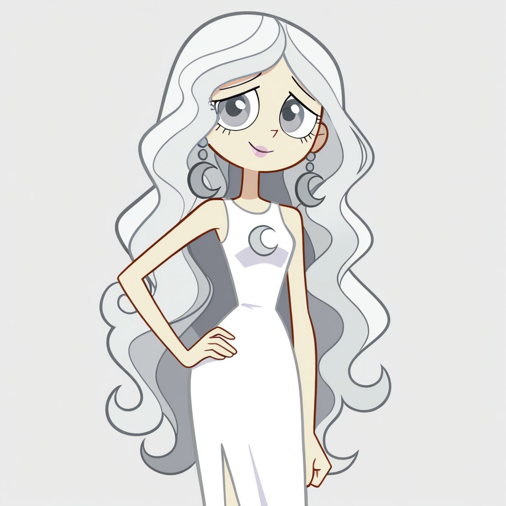 masterpiece, best quality, amazing quality, 
perfect cute face, on model, accurate art style, cartoon screencap, show accurate, moonmwatgg, 1girl, solo, white hair, long hair, wavy hair, gray eyes, light pink lipstick, crescent moon earrings, white sleeveless dress, long dress, white roller skates, upper body, cowboy shot, smile, looking at viewer, hand on hip, simple background