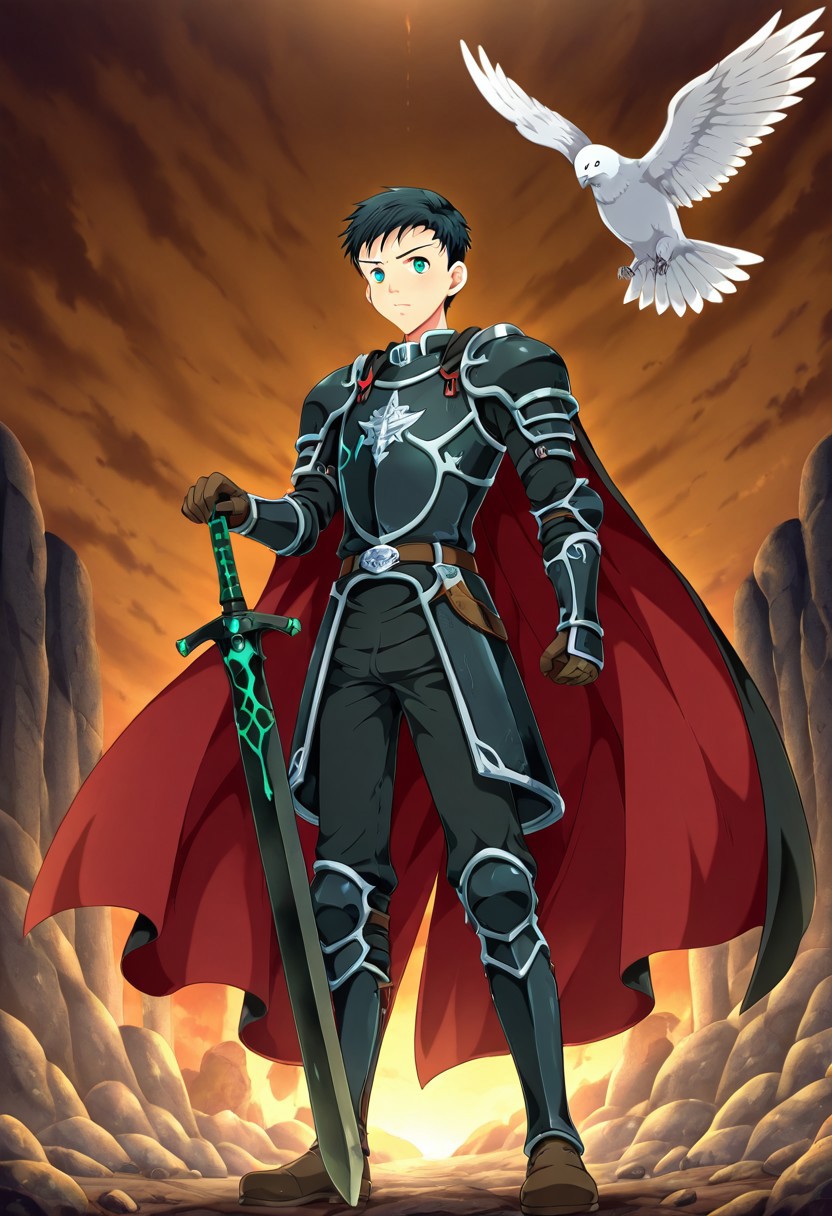 yuto_umemura, black hair, short hair, mint green eyes, he is dressed in a suit of dark iron platemail. Break. he is holding up a black coloured sword, Properly holding the sword by the hilt, his armour bears a crest of a yellow dove, fantasy armour, stylized silver dove emblems and symbols on armour and sheild, Break, epic background is a a beautiful palace, a strong wind is blowing his cape, dark blue armour