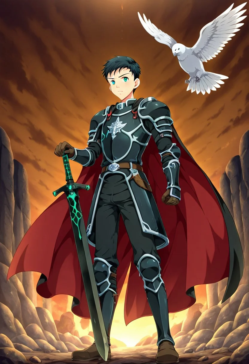 yuto_umemura, black hair, short hair, mint green eyes, he is dressed in a suit of dark iron platemail. Break. he is holding up a black coloured sword, Properly holding the sword by the hilt, his armour bears a crest of a yellow dove, fantasy armour, stylized silver dove emblems and symbols on armour and sheild, Break, epic background is a a beautiful palace, a strong wind is blowing his cape, dark blue armour
