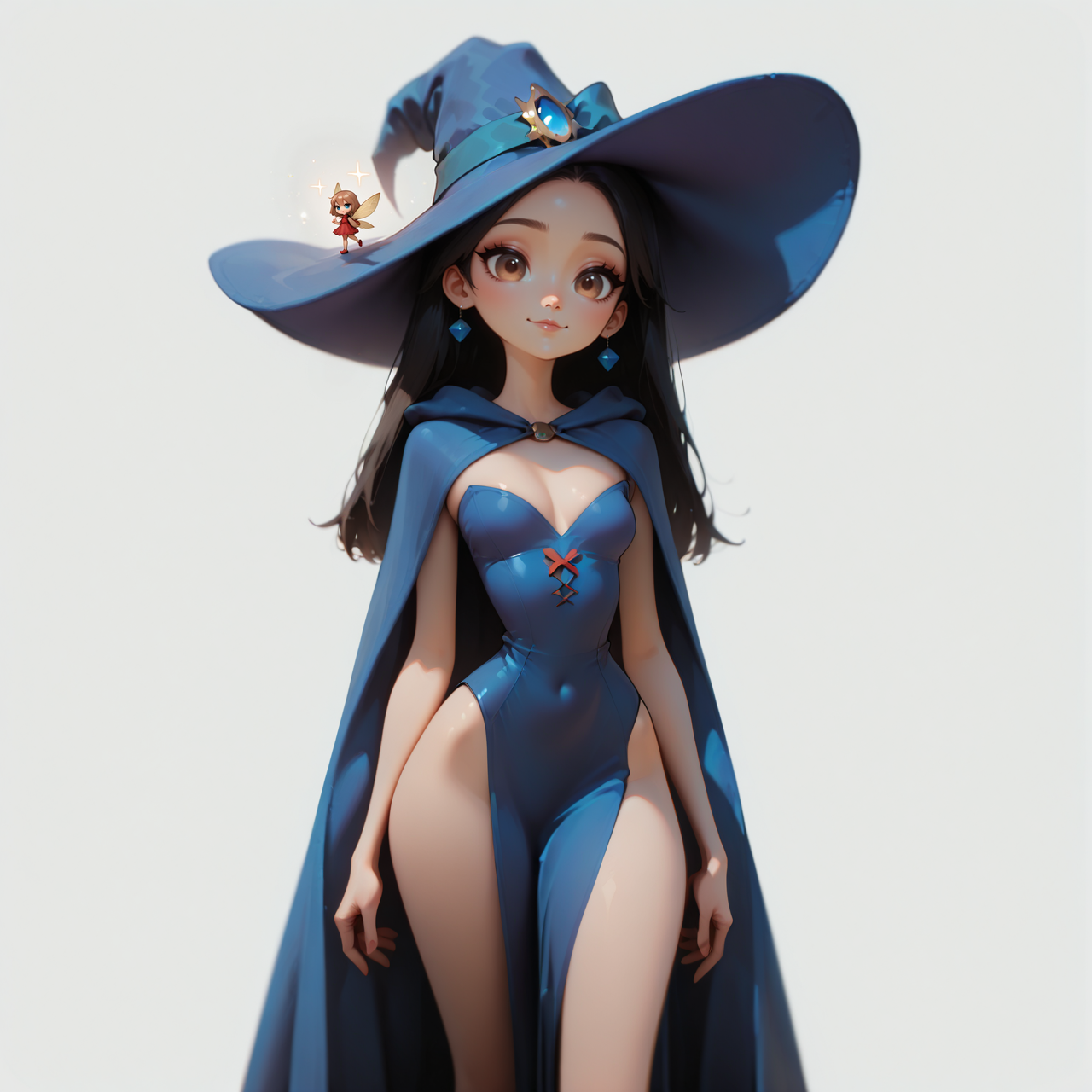 A digital illustration shoot from a frontal camera angle about a character dressed as a wizard, wearing a blue outfit with a large hat and a small fairy perched on her head. The young woman, who appears to be in her early twenties, standing in the middle of the image, with her full body facing the viewer. she has long black hair, brown eyes, and a confident smile. her body is slim, and she is wearing a revealing blue bodysuit with a high slit, revealing her cleavage and bare shoulders. she is also wearing a large blue witch hat with a blue gem and a matching cape. the background is a plain white, and the lighting is soft and even, casting gentle shadows on her body., 1girl, solo, long hair, breasts, looking at viewer, smile, simple background, multiple girls, brown hair, black hair, white background, dress, hat, ribbon, closed mouth, 2girls, cleavage, jewelry, medium breasts, brown eyes, standing, heart, thighs, earrings, small breasts, wings, grey background, cape, strapless, feet out of frame, sparkle, covered navel, blue dress, blue bow, witch hat, red dress, blue ribbon, pelvic curtain, strapless dress, blue headwear, cloak, forehead, side slit, hat ornament, mini person, minigirl, witch, fairy, blue cape, narrow waist, blue cloak,