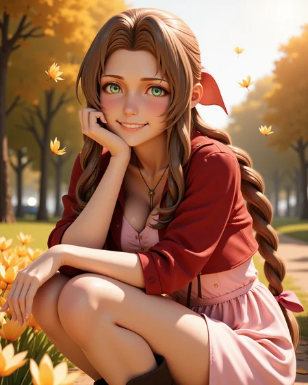 -looking at viewer, outdoors daylight
photorealistic image of <lora:Final_Fantasy_-_Aerith_v3_000015:1> ff-aerith, a 25 year old woman, long brown hair, green eyes, hair ribbon Baffled with wide eyes, furrowed brows, and a confused expression, trying to make sense of a situation.
Aerith Gainsborough in a cute, playful pose, viewed from the side, leaning forward slightly toward the viewer with a bright, cheerful smile. Sheâs wearing her iconic default outfit â a soft pink dress with buttoned front, red bolero jacket, brown boots, and a pink ribbon tied into her long, braided brown hair. Her eyes sparkle with joy, cheeks slightly blushed, and her body language is friendly and inviting. One hand is playfully resting on her knee while the other is raised in a soft wave. The background is softly blurred with vibrant flowers and glowing particles floating in the air, warm natural lighting illuminating her face and hair, gentle breeze lifting a few strands. Realistic style, focus on her expression and charming energy, close-up perspective with dynamic depth.
