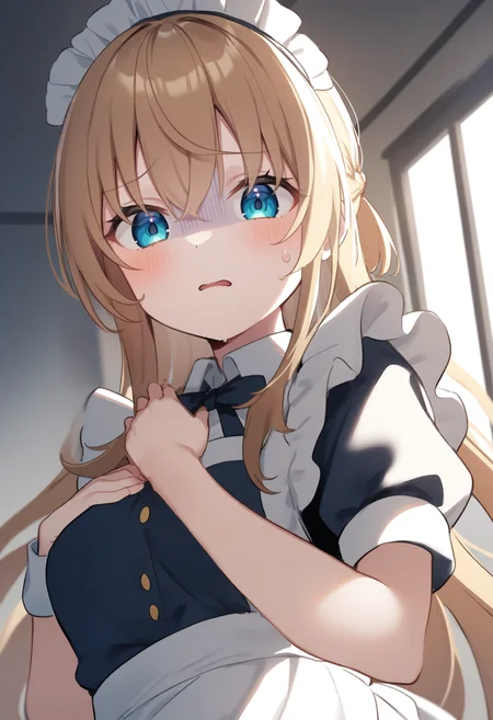 1girl,sincos, ningen mame, toosaka asagi,solo,medium breasts,20yo,maid,maid headdress,
donbiki,<lora:donbiki_XL_v1:0.7>
open mouth, sweatdrop, looking at viewer, shaded face, hand on own chest, turn pale, jitome, disgust, gloom (expression), d:, frown, empty eyes, no pupils,
from below, portrait, blonde hair, aqua eyes, residential area, folded ponytail hair,,
best quality, very aesthetic, absurdres