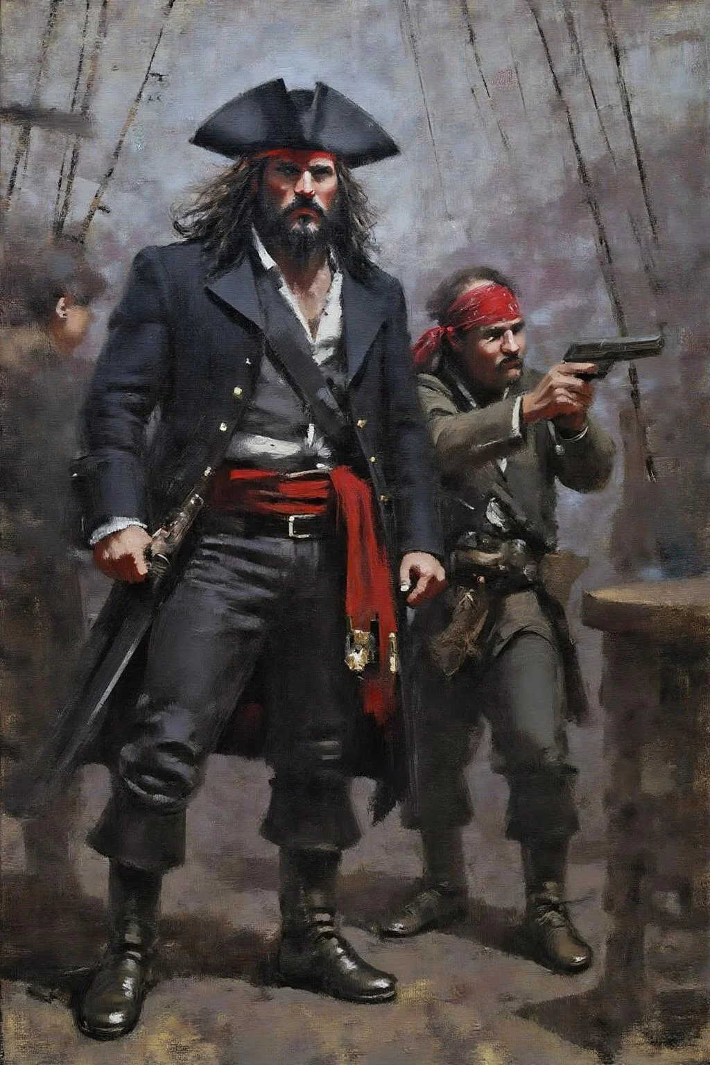marklague1 painting.
schoonover1. A dramatic moment on a pirate ship. The central figure is a tall, muscular pirate captain with a dark beard and a menacing expression. He wears a black tricorn hat, a dark coat, and a red sash around his waist. He holds a saber in his hand. Beside him is a pirate wearing a bandana, aiming with a pistol. <lora:marklague1_cap_d8a4e12:1.0><lora:855137263883919731:0>