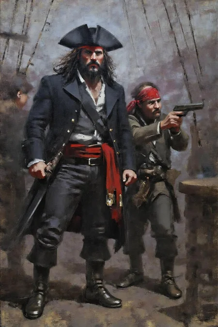 marklague1 painting.
schoonover1. A dramatic moment on a pirate ship. The central figure is a tall, muscular pirate captain with a dark beard and a menacing expression. He wears a black tricorn hat, a dark coat, and a red sash around his waist. He holds a saber in his hand. Beside him is a pirate wearing a bandana, aiming with a pistol. <lora:marklague1_cap_d8a4e12:1.0><lora:855137263883919731:0>