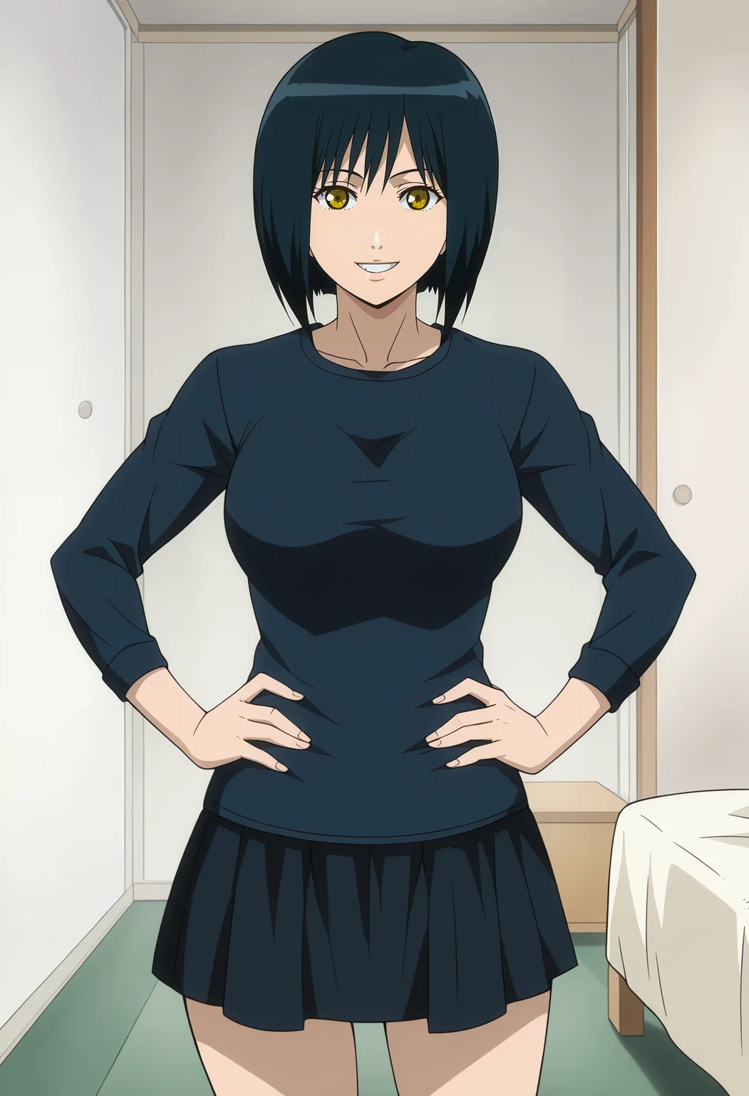 <lora:Manami_Nikaido-Kichiku:0.9>,Manami,1girl,solo,short hair,black hair,yellow eyes,breasts,shirt,skirt,cowboy shot, hands on own hips, looking at viewer, smile,indoors