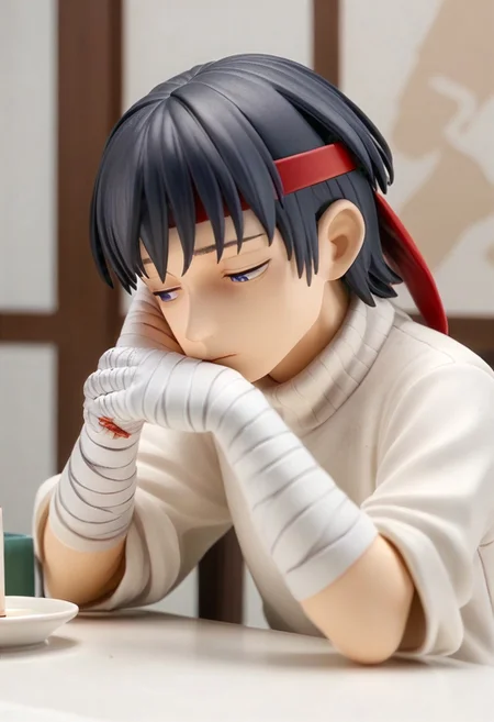 score_9, score_8_up, score_7_up, watercolor (medium),1boy, cestanim, cestvs, red headband, short black hair, bangs, blue eyes, bandaged hands, turtleneck sweater, white pants, elbow rest, hand on own face, tired, (half-closed eyes:2), indoors, cafe