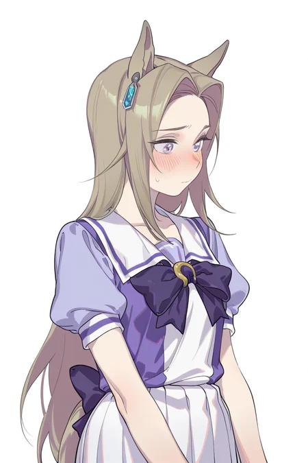 masterpiece, best quality, amazing quality,
 <lora:LLAM_IL:1> llam, 1girl, solo, school uniform, animal ears, horse ears, blush, white background, tracen school uniform, short sleeves, simple background, puffy short sleeves, brown hair, bow, puffy sleeves, sailor collar, long hair