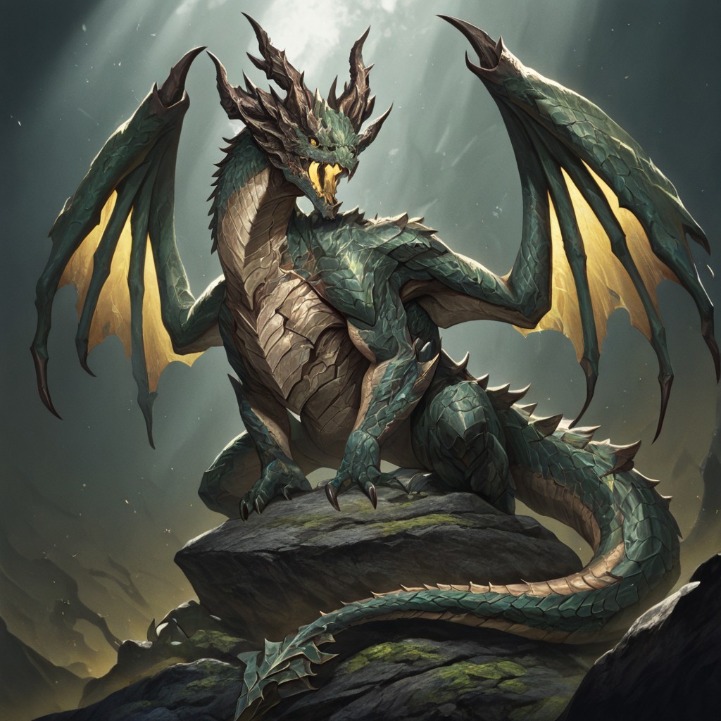 masterpiece, best quality, newest, absurdres, highres, DFAV1.5, 
monster, no humans, dragon, wings, tail, wings, dragon wings, dragon horns, horns, multiple horns, green scales, yellow eyes,