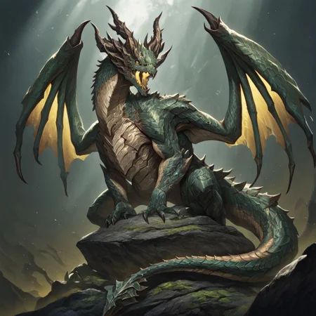 masterpiece, best quality, newest, absurdres, highres, DFAV1.5, 
monster, no humans, dragon, wings, tail, wings, dragon wings, dragon horns, horns, multiple horns, green scales, yellow eyes,