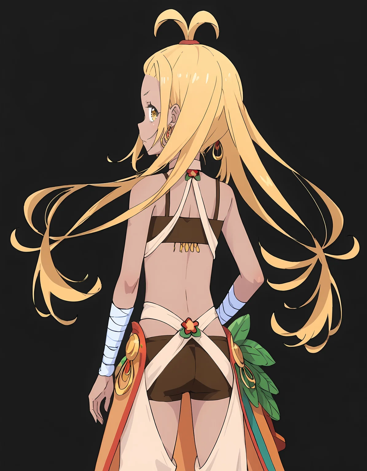 <lora:Liliana_Masquerade:0.9>lili4na_masquerad3, 1girl, solo, simple black background, back view, looking back,
hoop earrings, bare shoulders, naval, shorts, bandeau, bandaged arm,