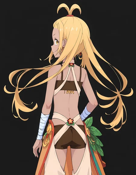 <lora:Liliana_Masquerade:0.9>lili4na_masquerad3, 1girl, solo, simple black background, back view, looking back,
hoop earrings, bare shoulders, naval, shorts, bandeau, bandaged arm,