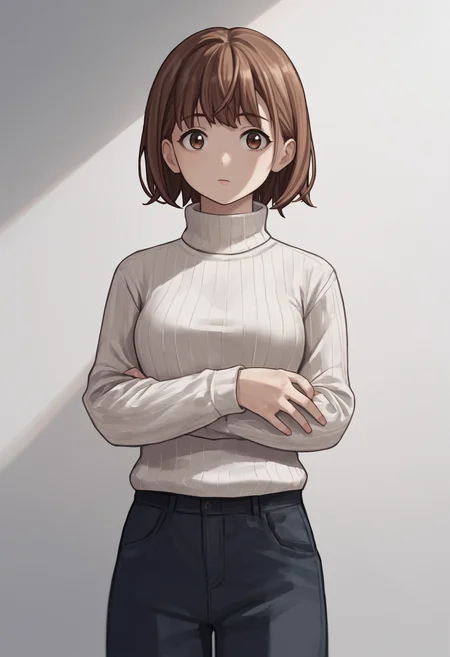 score_9, score_8_up, score_7_up, source_anime BREAK 1girl, solo, <lora:soldierow_lumi-nikke-richy-v1_pdxl:1> sdlrow, brown eyes, brown hair, short hair, turtleneck sweater, white sweater, ribbed sweater, standing, bangs