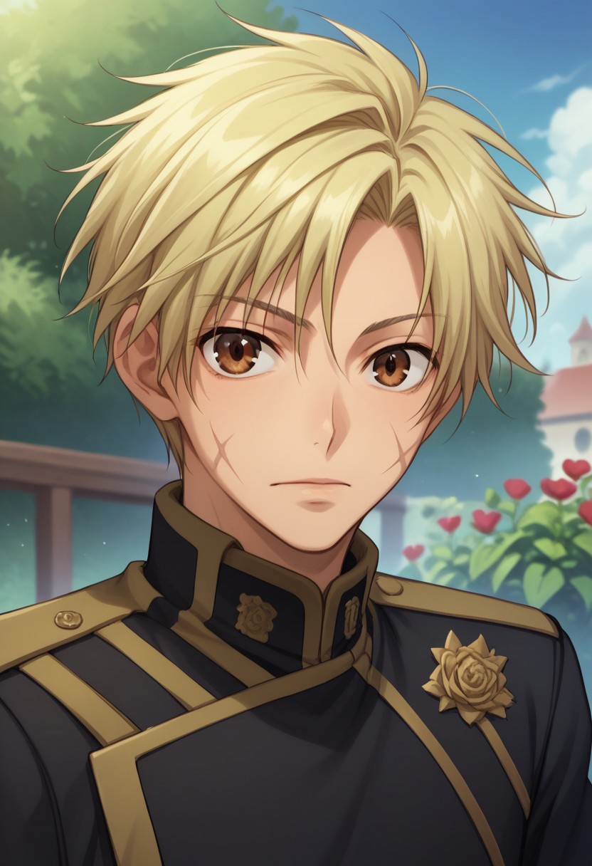 score_9, score_8_up, score_7_up, source_anime, highly detailed, 
mikage, 1boy, blonde hair, short hair, male focus, brown eyes, scar, scar on face, uniform, solo, military, military uniform, black uniform, upper body, looking at viewer,
outdoor, garden, sky,