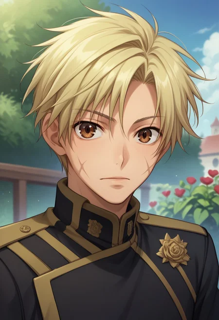 score_9, score_8_up, score_7_up, source_anime, highly detailed,
mikage, 1boy, blonde hair, short hair, male focus, brown eyes, scar, scar on face, uniform, solo, military, military uniform, black uniform, upper body, looking at viewer,
outdoor, garden, sky,