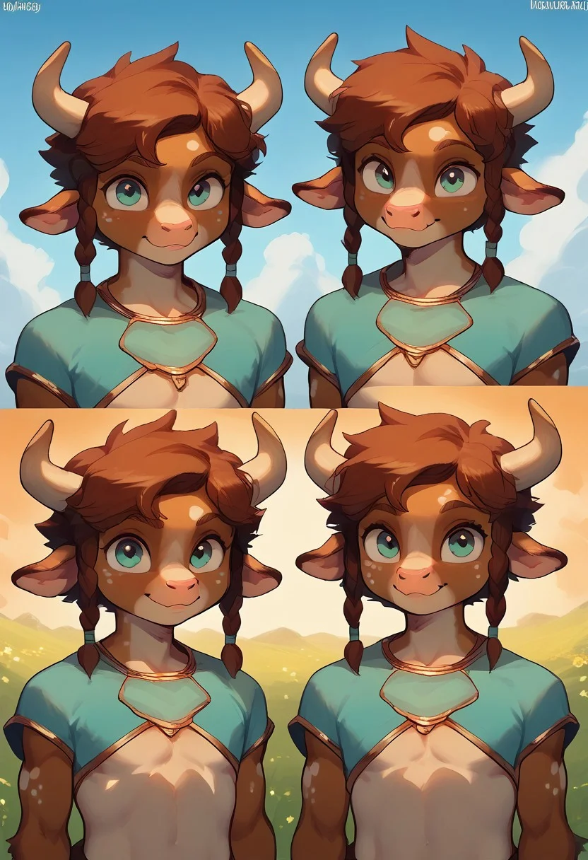 (easynegative:0.2 ) anthro, furry, minotaur, petite, young, feminine, cute, petite cub, slender, thin, soft body, solo, happy face, closed mouth, wearing robes, greek robes, standing, dynamic poses, smile, white spots ,dynamic pose, random views, greek hairstyle, curly brown hair, 1 long braid hair style, light brown body, red hair, yellow field, sky, warm colors, light, cute,, bright colours, cute, dynamic views, confident pose,