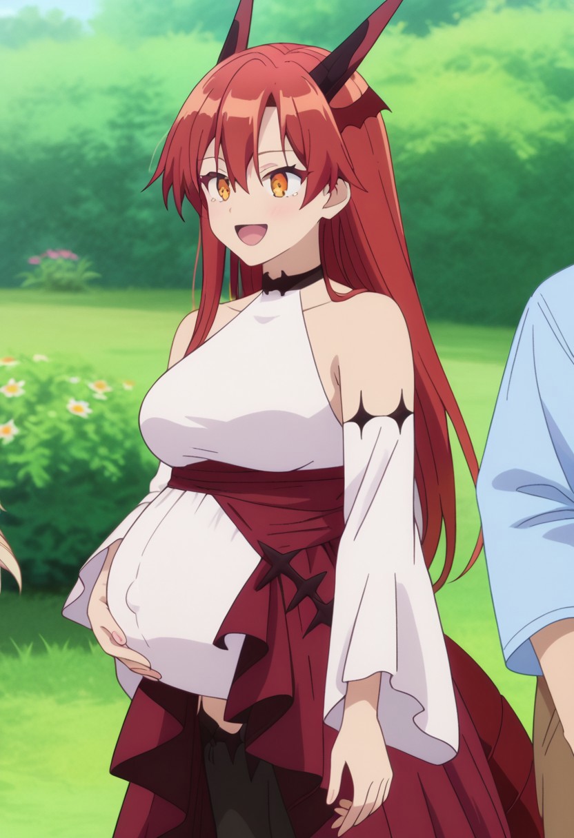 score_9, score_8_up, score_7_up, best quality, masterpiece, 4k, perfect lighting, very aesthetic, anime, anime coloring, official art, anime screencap,
OverallDetail, fFaceDetail
, happy, hand on belly, 
taniav2, red hair, long hair, horns, dragon horns, orange eyes, hair between eyes, dragon girl, head wings, dragon tail, 
bare shoulders, long sleeves, detached sleeves, white sleeves, collarbone, white shirt, red skirt, dress, wide sleeves, choker, black thighhighs, leotard under clothes,
BREAK<lora:Pregnant Bump:1>, huge pregnant belly,